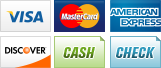 We Accept American Express, Cash, Check, Discover, MasterCard, Visa